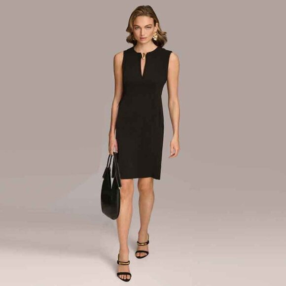 DONNA KARAN SLEEVELESS SHEATH DRESS W/ KEYHOLE NECK & SCULPTURED BUTTON CLOSURE - Picture 1 of 6